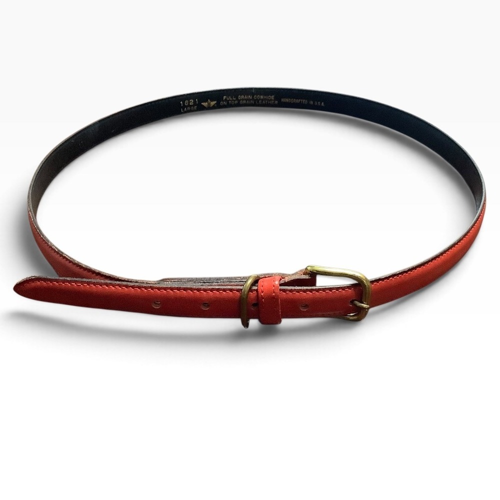 Vintage Dockers Red Leather Skinny Belt Womens Large Brass Buckle USA